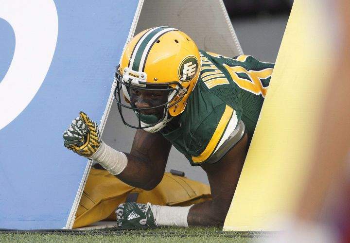 Edmonton Eskimos' D'haquille Williams (81) celebrates a touchdown against the Montreal Alouettes during first half CFL action in Edmonton, Alta., on Saturday August 18, 2018.