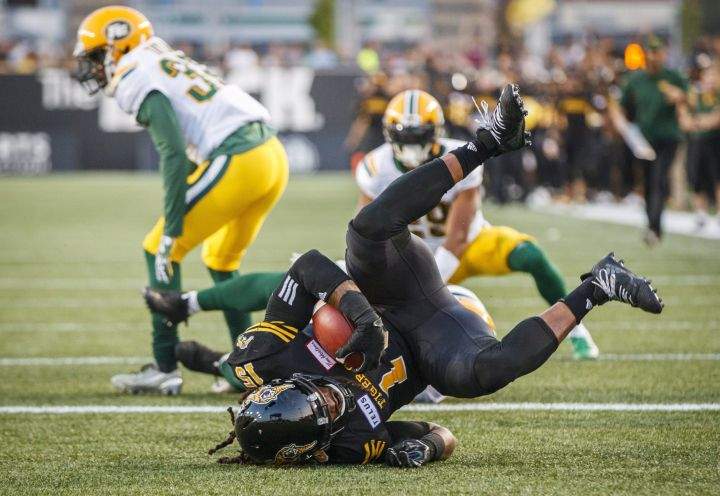 Hamilton Tiger-Cats' Alex Green scores a touchdown against the Edmonton Eskimos during the first half of CFL football action in Hamilton, Ontario on Thursday August 23, 2018. 