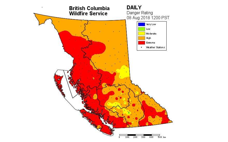 The fire danger rating in B.C. as of Aug. 8, 2018.