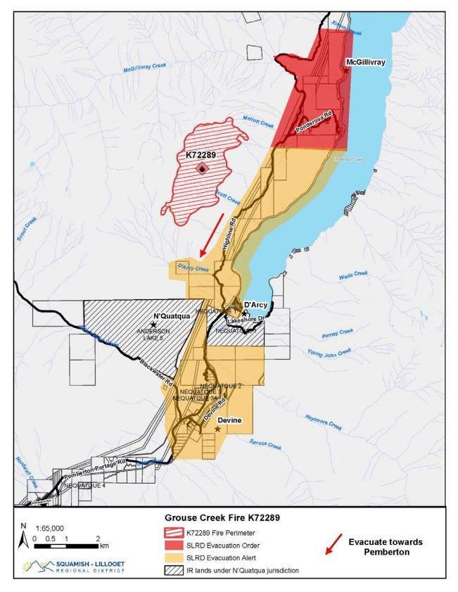 Grouse Creek wildfire evacuation alerts in yellow and orders in red, Aug. 22, 2018.