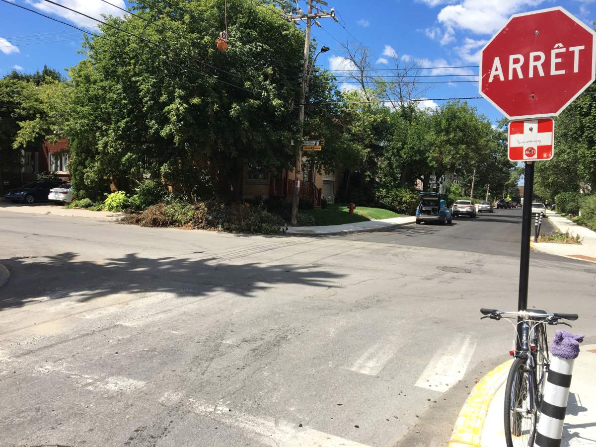 In this file photo, faded crosswalk paint at the intersection of Terrebonne and Royal Avenue in NDG is seen. The city of Montreal has adopted a new motion aimed at improving line-painting. Tuesday, Aug. 14, 2018.