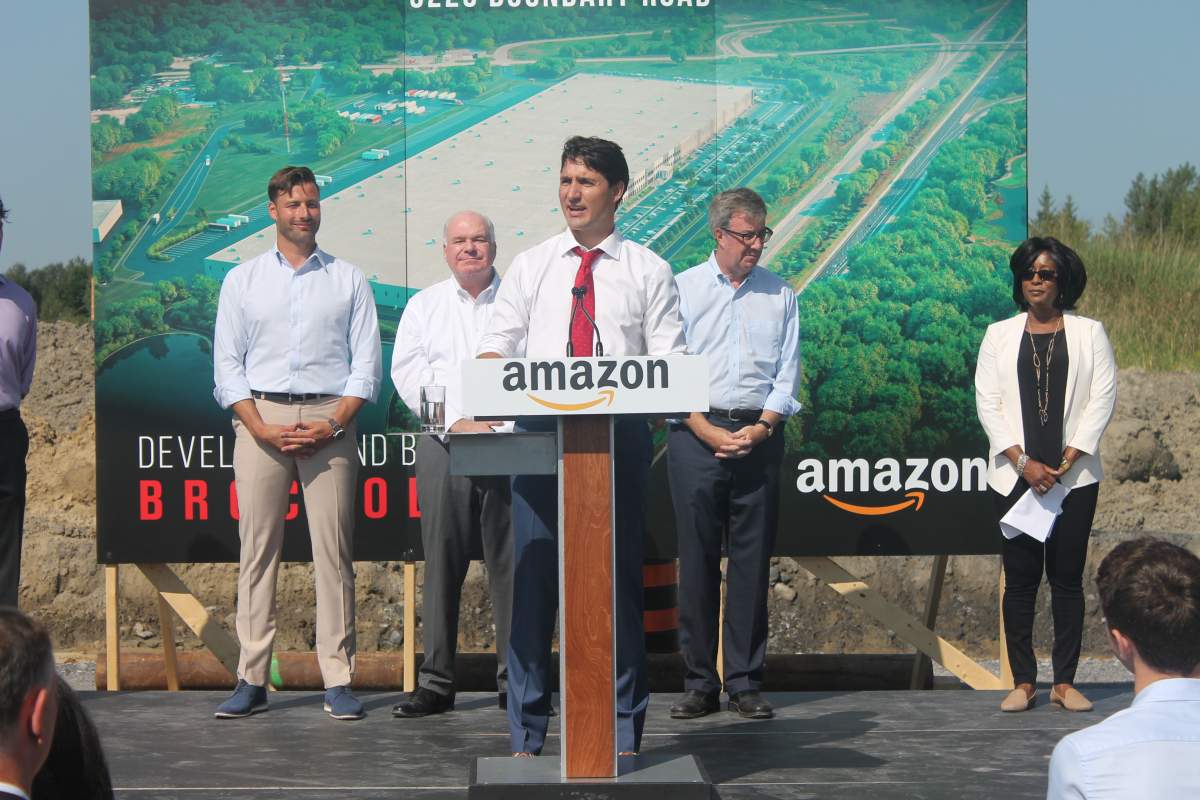 Prime Minister Justin Trudeau speaks to dignitaries at the official ground breaking of the new Amazon fulfillment facility in Ottawa’s east end on Monday.