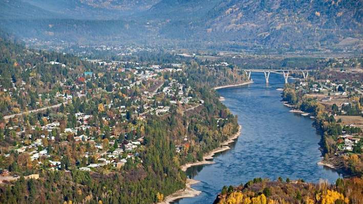 The Kinnaird Bridge is shown in this aerial photo in Castlegar, B.C.