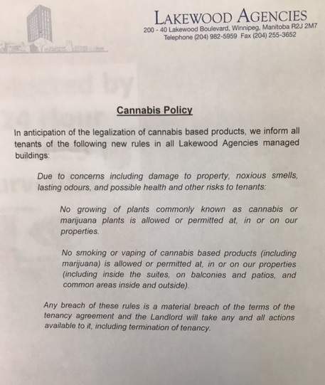 A copy of the cannabis policy Lakewood Agencies gave to tenants at all 14 buildings it manages.