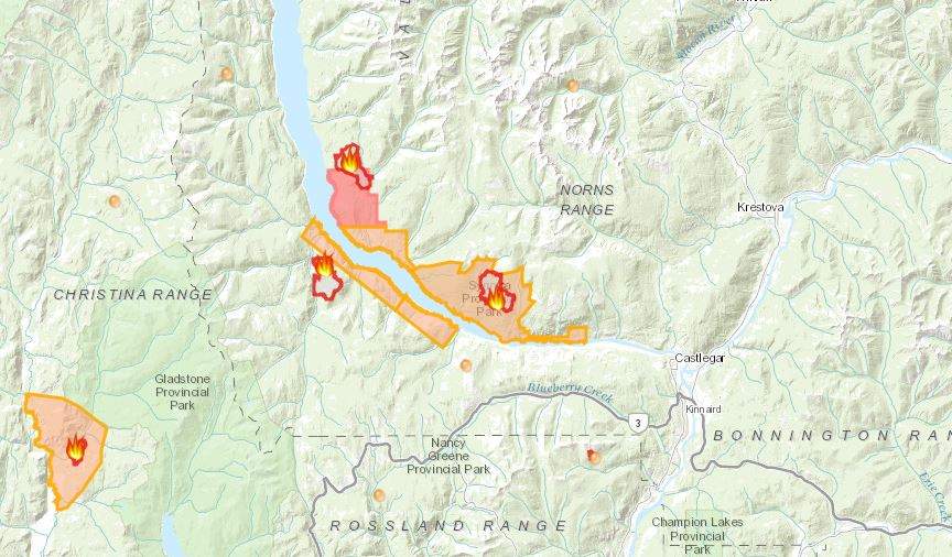 Castlegar area wildfires have prompted evacuation alerts and orders for nearby residents.