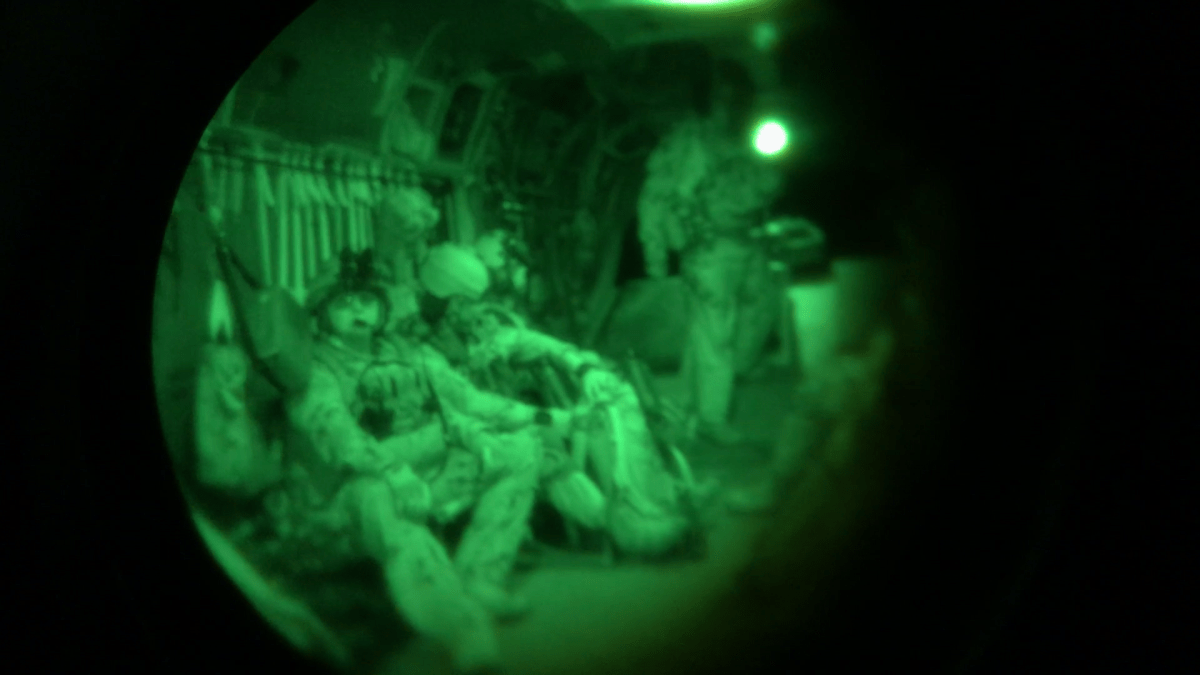 Nightvision inside the Chinook during a training exercise.