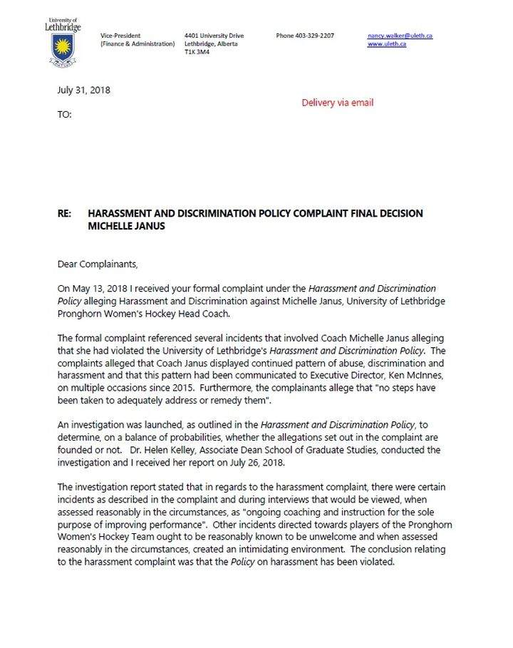 The first page of the University of Lethbridge’s response to the six players, from University of Lethbridge vice-president (Finance and Administration) and acting chief human resources officer Nancy Walker.