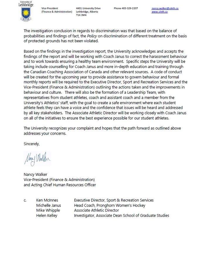 The second page of The University of Lethbridge’s response to the six players, from University of Lethbridge vice-president (Finance and Administration) and acting chief human resources officer Nancy Walker.