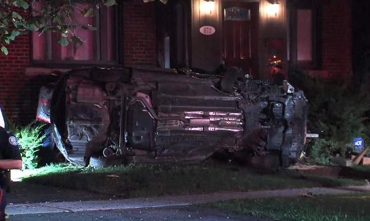 A vehicle is on its side following a collision at Pharmacy Ave. and Dorine Cres. in Toronto on Aug. 29, 2018.