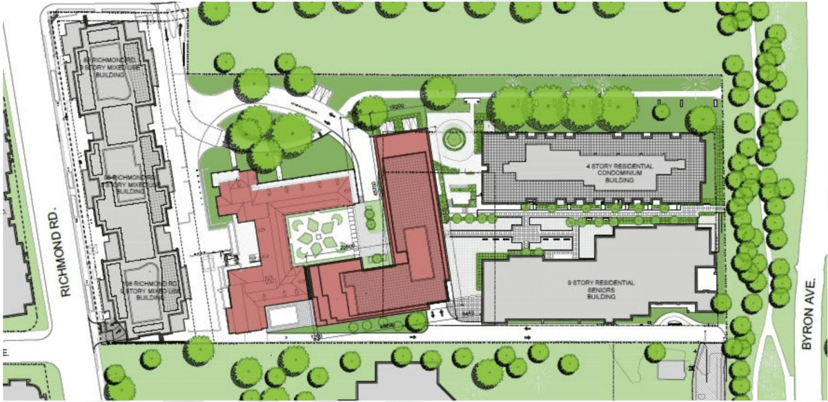 The original convent and the proposed L-shaped addition are highlighted in red.