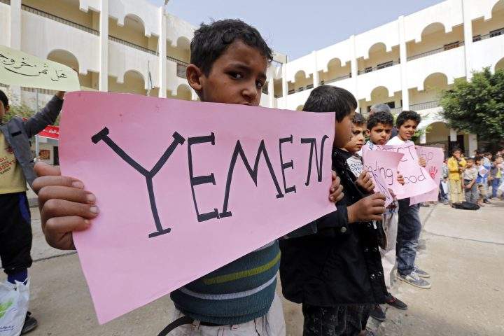 Yemeni children take part in a rally against the Saudi-led airstrike which killed at least 50 people three days ago, in Sana’a, Yemen, 12 August 2018.