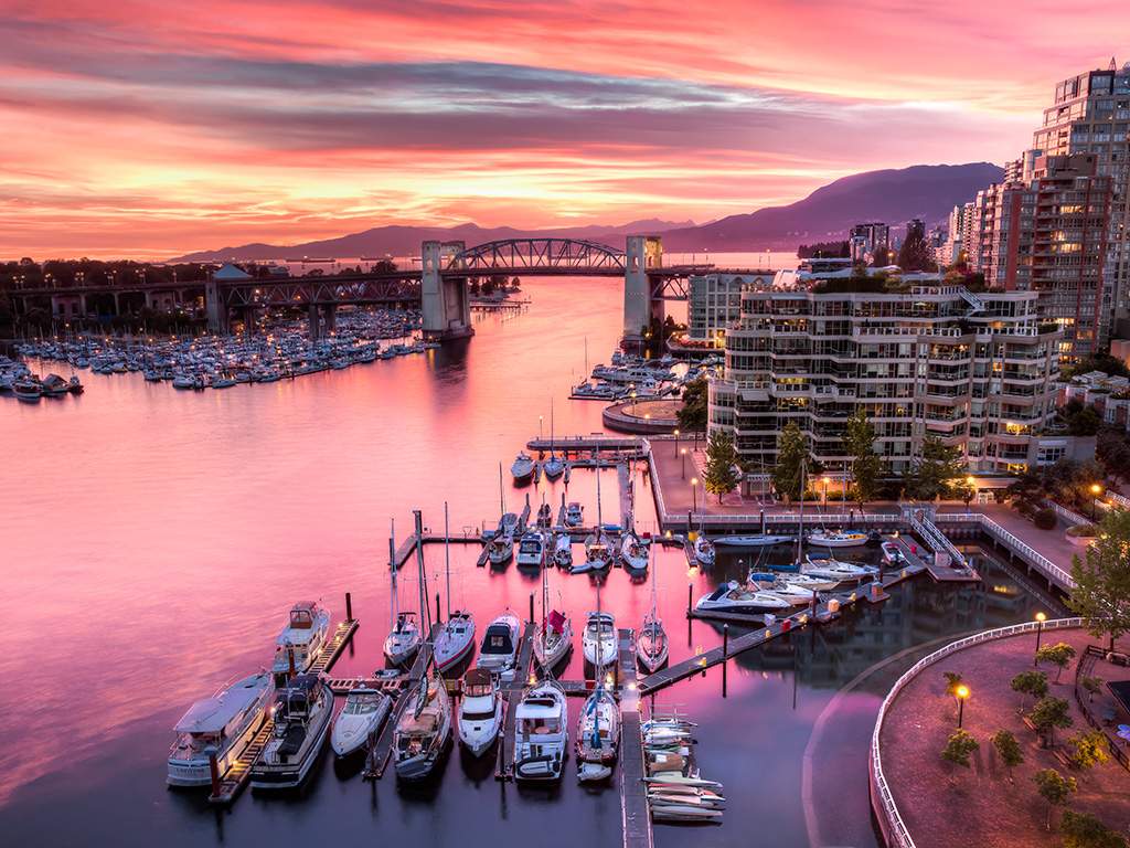 The Vancouver harbour shot at sunset from the Granville Street Bridge.