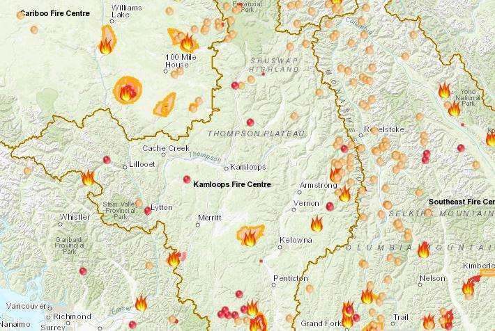 Wildfire map of Kamloops Fire Centre Aug 16, 2018.