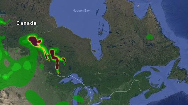 This animation shows heavy concentrations of smoke in Manitoba and Ontario as well as a lesser concentration hitting Labrador on Aug. 25.