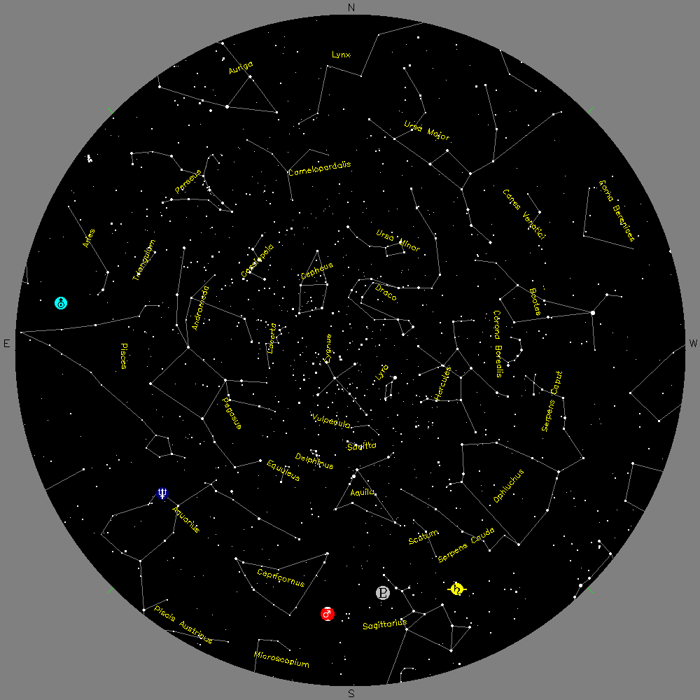 Star chart for Winnipeg at midnight on Saturday, August 11th.