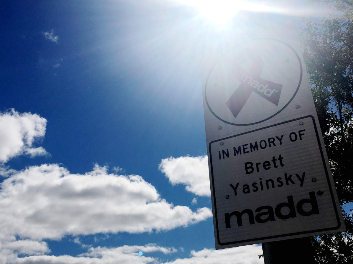 The new memorial sign for Brett Yasinsky.