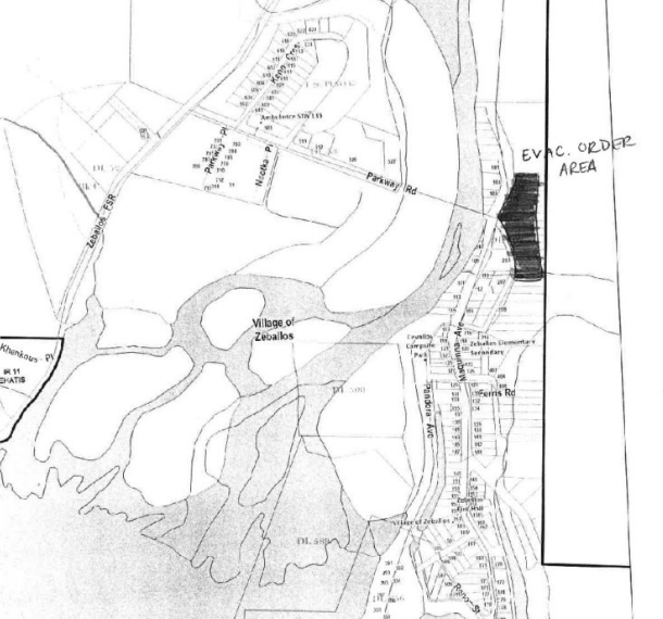 An evacuation order has been issued for six properties in Zeballos, B.C., at risk from falling debris.