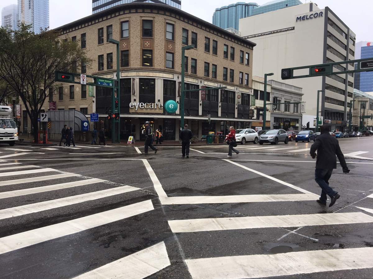 A pedestrian scramble crosswalk at Jasper Avenue and 104 Street in Edmonton seen in September, 2021. 
