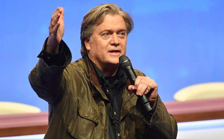 FILE - In this file photo dated Saturday, March 10, 2018, former White House strategist Steve Bannon addresses members of the far right National Front party at the party congress in the northern French city of Lille. 