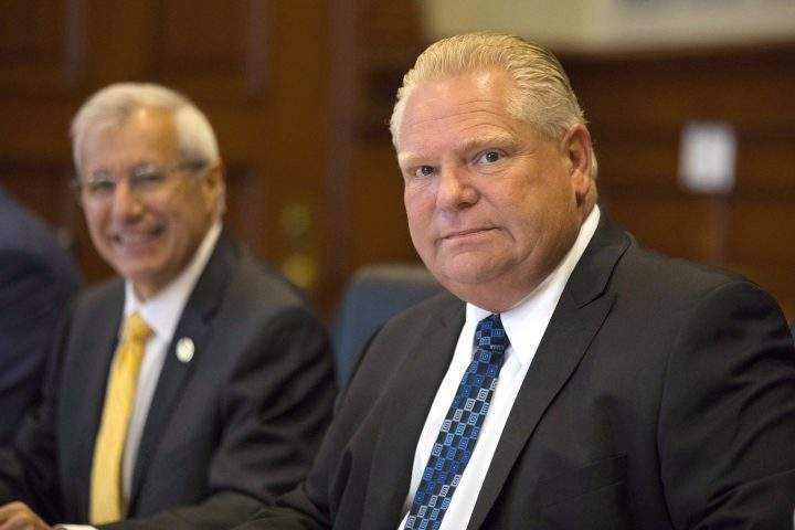 Ontario Premier Doug Ford, right, sits with then-Finance Minister Vic Fedeli at Queens Park on August 30, 2018.