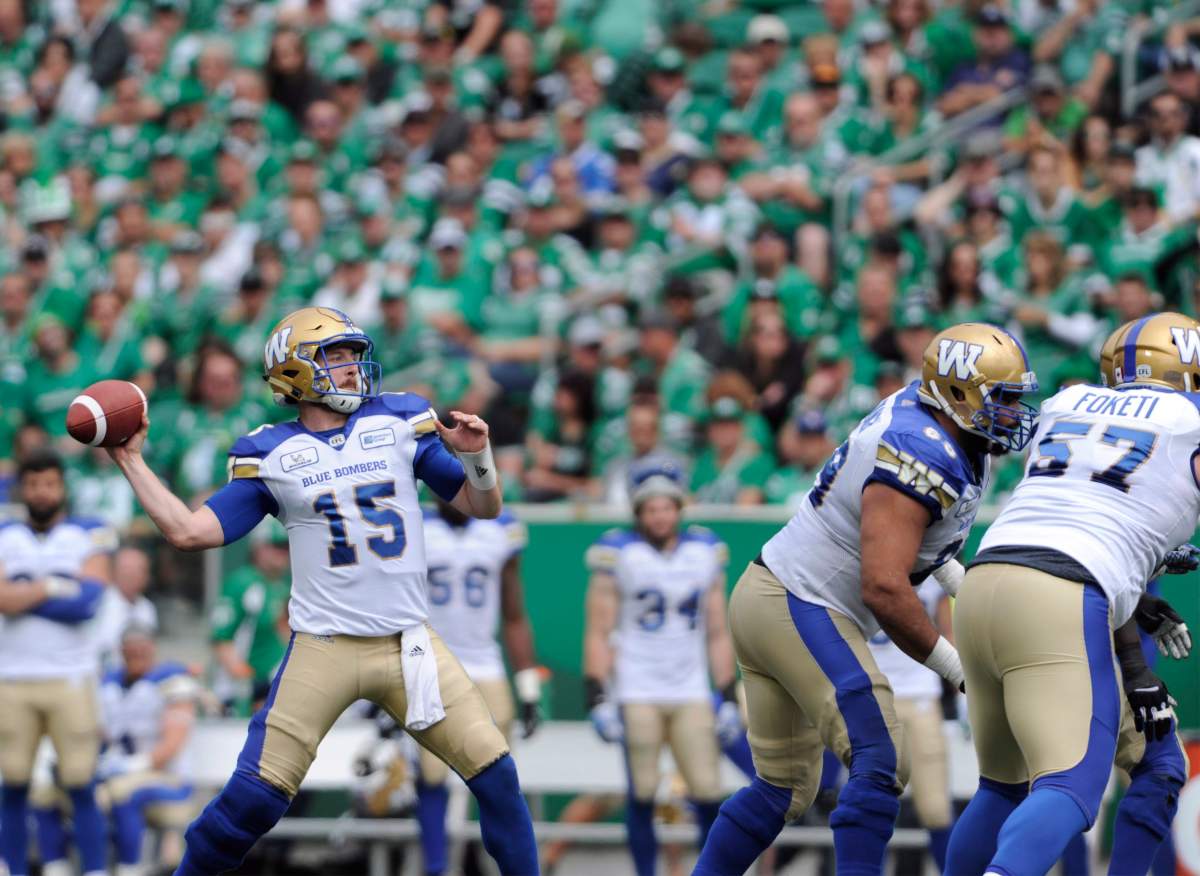 Winnipeg Blue Bombers quarterback Matt Nichols passes against the Saskatchewan Roughriders during first half CFL football action at Mosaic Stadium in Regina on Sunday, Sept. 2, 2018. THE CANADIAN PRESS/Mark Taylor.