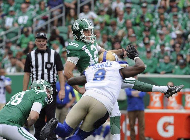 Saskatchewan Roughriders kicker Brett Lauther boots a field goal during second half Labour Day CFL action against the Winnipeg Blue Bombers, at Mosaic Stadium in Regina on Sunday, Sept. 2, 2018. 