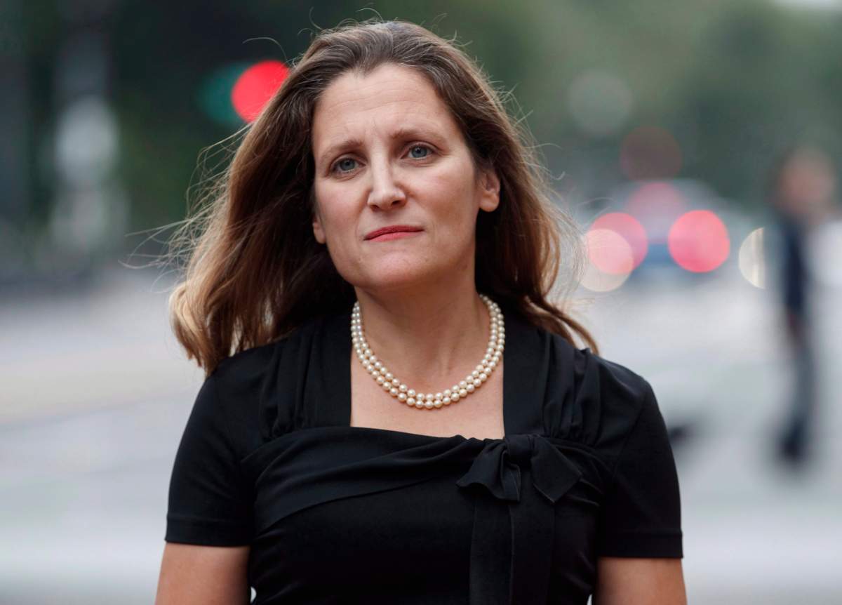 Canadian Foreign Affairs Minister Chrystia Freeland arrives at the Office of the United States Trade Representative on Tuesday, Sept. 11, 2018, in Washington, D.C.