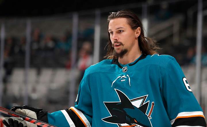 San Jose Sharks defenseman Erik Karlsson warms up for the team's NHL preseason hockey game against the Calgary Flames in San Jose, Calif., Thursday, Sept. 27, 2018. 