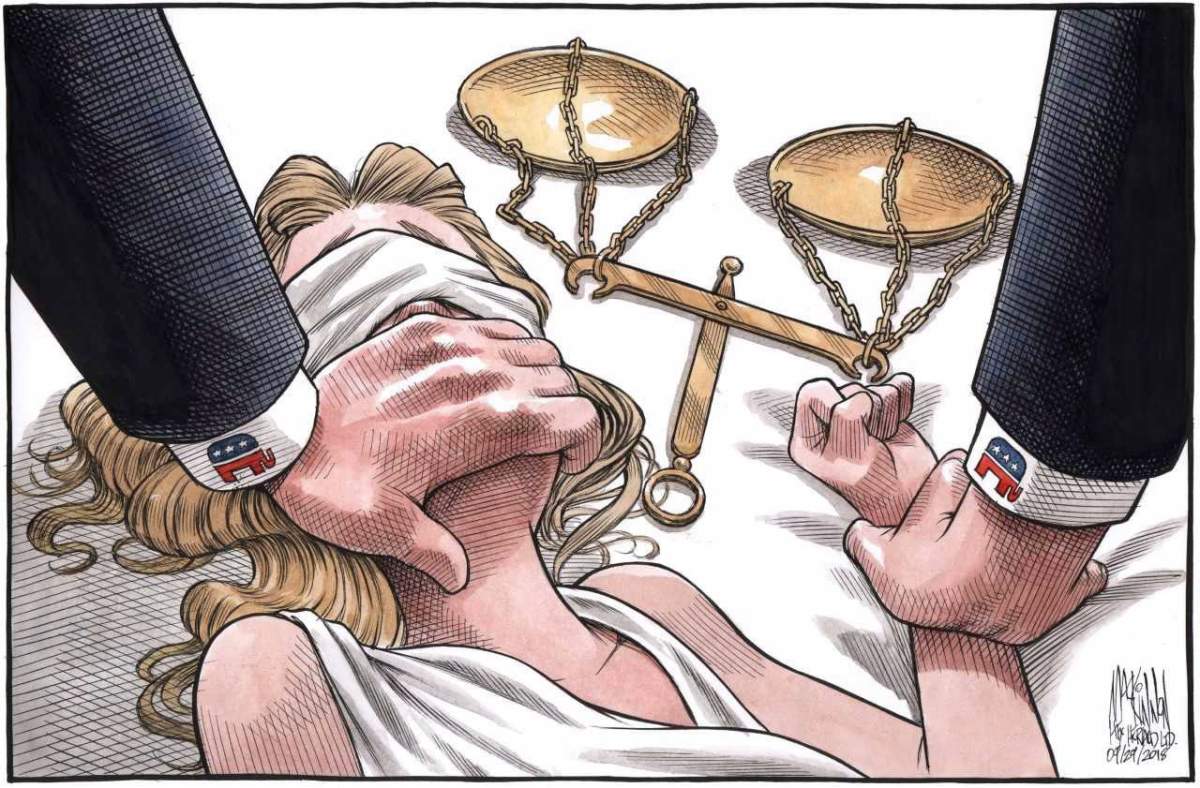 A powerful political cartoon depicting the assault of Lady Justice has gone viral in the wake of recent allegations against Supreme Court nominee Brett Kavanaugh.