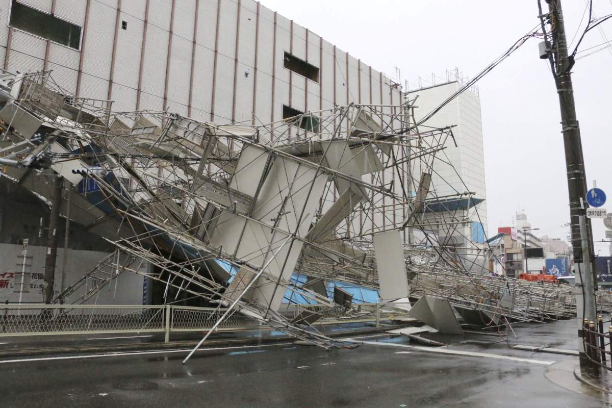 A building damaged by Typhoon Jebi is seen in Osaka, western Japan, in this photo taken by Kyodo September 4, 2018.