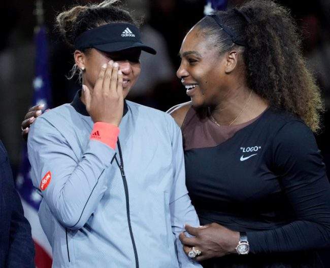 Sept 8, 2018; New York, NY, USA;Naomi Osaka of Japan cries as Serena Williams comforts her after the crowd booed during the trophy ceremony following the women’s singles final at the 2018 U.S. Open
