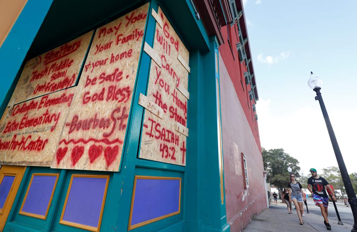 Boarded up windows are seen ahead of the arrival of Hurricane Florence in Wilmington, North Carolina, U.S., September 12, 2018.
