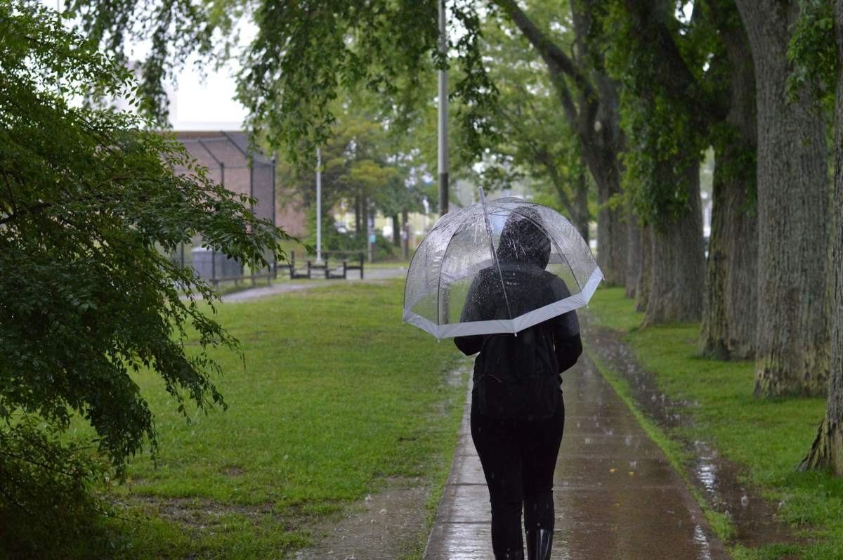 A woman walks in the rain in Halifax on June 24, 2018. 
