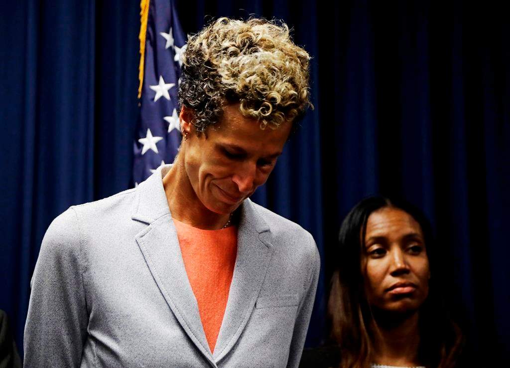 Accuser Andrea Constand reacts at a news conference after Bill Cosby was sentenced to three-to 10-years for sexual assault Tuesday, Sept. 25, 2018, in Norristown, Pa. (AP Photo/Matt Slocum)