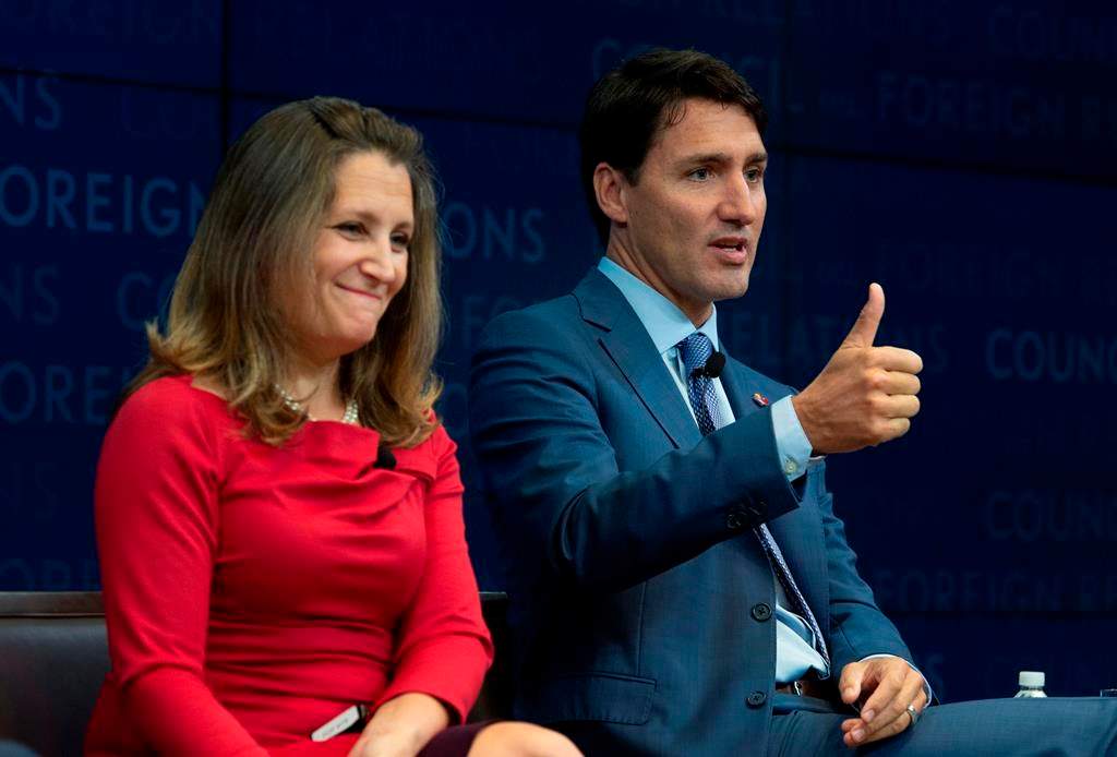 Canadian Prime Minister Justin Trudeau and Foreign Affairs Minister Chrystia Freeland participate in a panel discussion at the Council on Foreign Relations in New York, Tuesday, Sept. 25, 2018. U.S. President Donald Trump says he rejected a request for a one-on-one NAFTA meeting with Prime Minister Justin Trudeau this week because Canada's tariffs are too high and the country's trade negotiators have refused to budge. THE CANADIAN PRESS/Adrian Wyld.