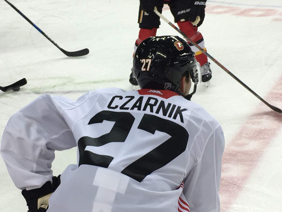 Austin Czarnik practicing at the Scotiabank Saddledome in Calgary. Sept. 25th, 2018.