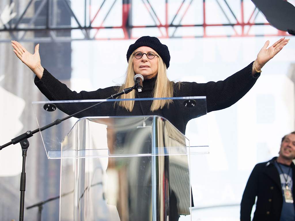 Barbra Streisand speaks onstage at the women's march in Los Angeles on January 21, 2017 in Los Angeles, California.  