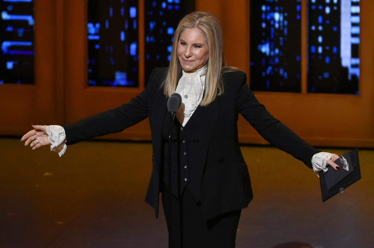 Barbra Streisand presents the award for best musical at the Tony Awards at the Beacon Theatre in New York.