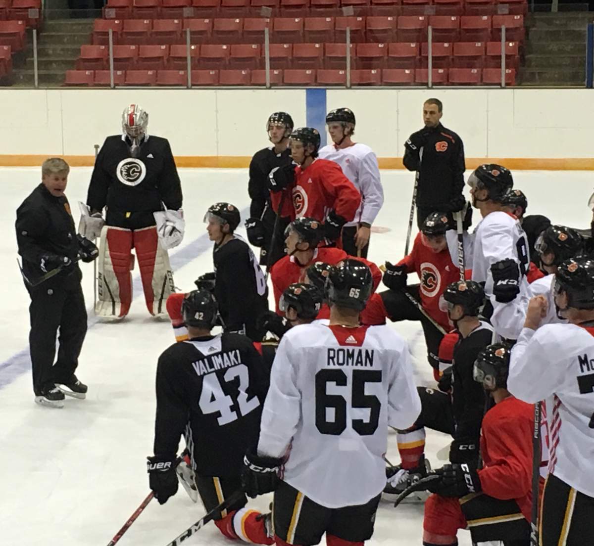 Bill Peters running Calgary Flames rookie camp practice at the Stampede Corral in Calgary. Sept. 7, 2018.