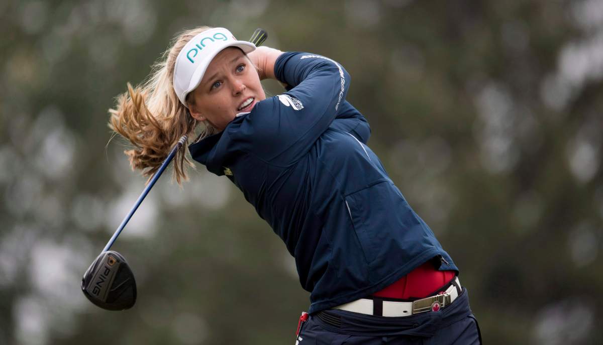 Brooke Henderson of Smiths Falls, Ont. tees off on the 4th tee during the CP Women's Open in Regina, Sunday, August 26, 2018.