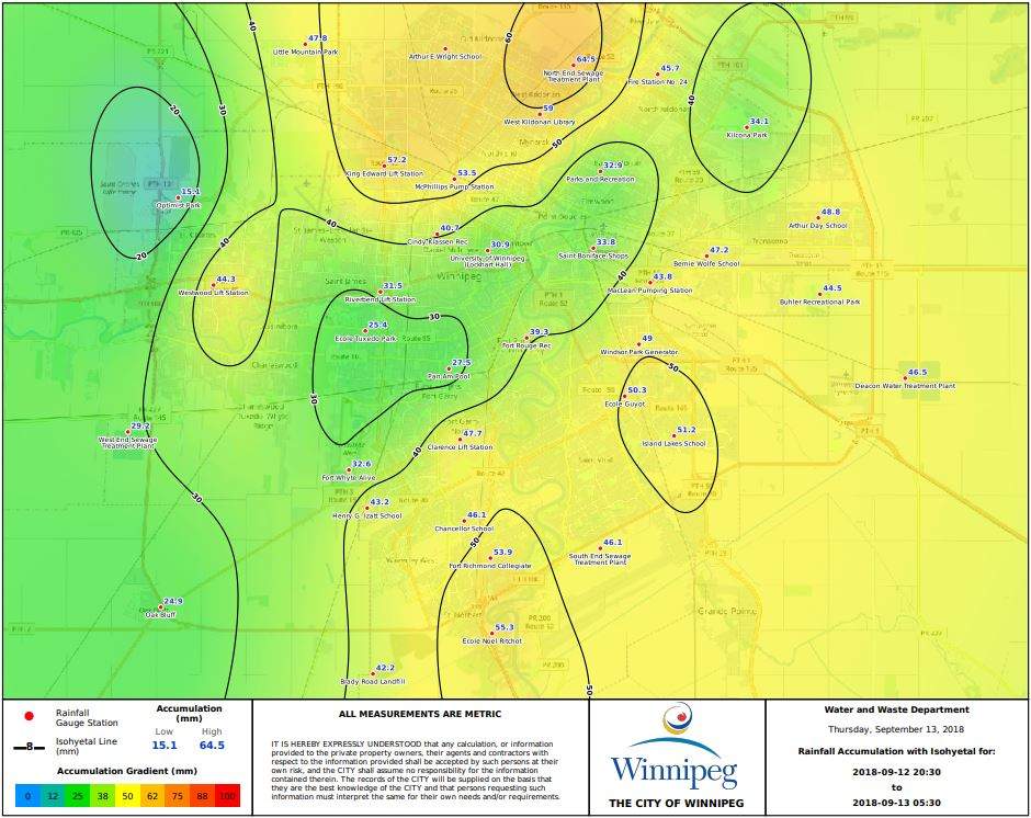 City of Winnipeg rainfall report September 12-13, 2018.