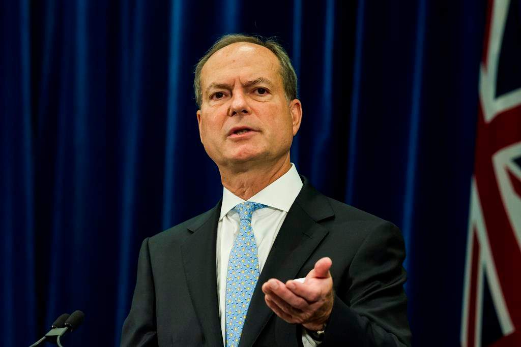 Peter Bethlenfalvy, President of the Treasury Board, speaks to media at Queen's Park in Toronto on Tuesday, Sept. 25, 2018.