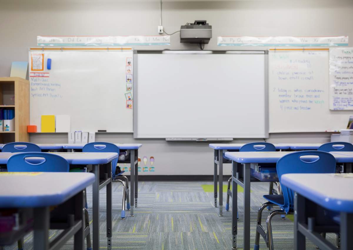 File: Empty elementary school classroom.