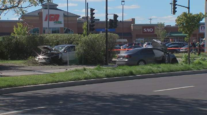 Police are investigating after a pedestrian was hit during a two-vehicle collision in Montreal on Saturday, Sept. 22, 2018.