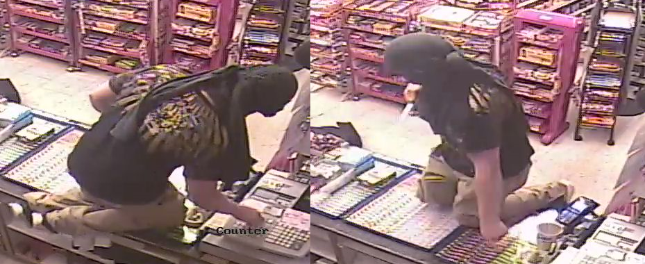 A pair of images, captured from surveillance footage, depicting the suspect.