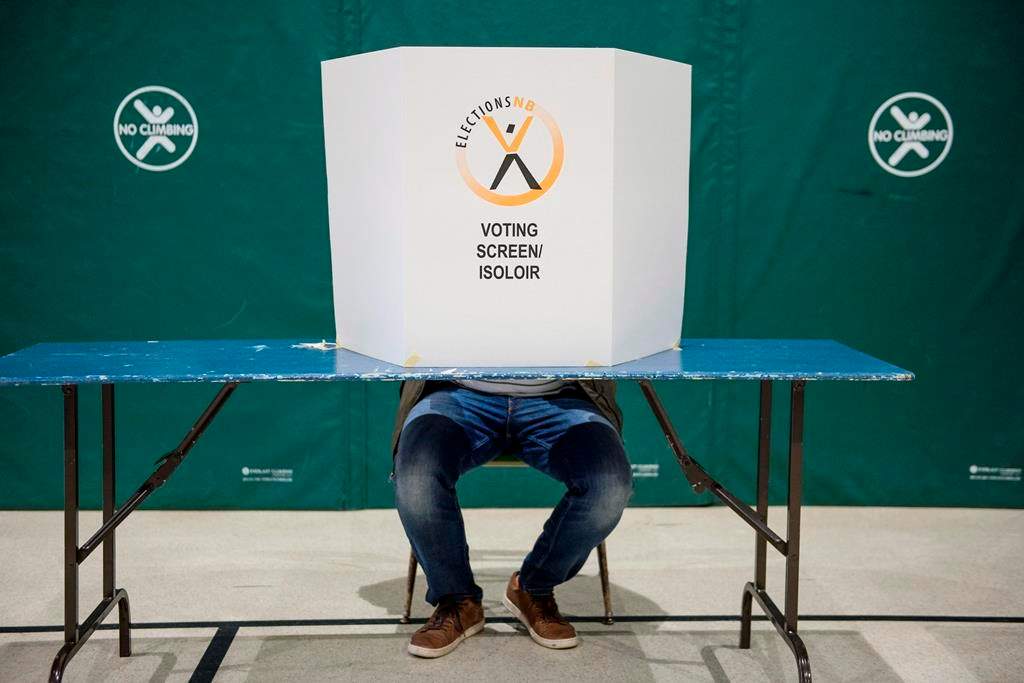 A voter sits behind a voting screen while marking their vote during the New Brunswick provincial election in Dieppe, N.B. on Monday, September 24, 2018.