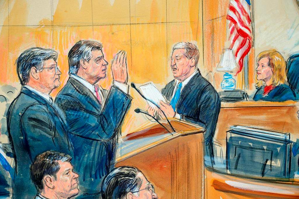 This courtroom sketch depicts former Donald Trump campaign chairman Paul Manafort, center, and his defense lawyer Richard Westling, left, before U.S. District Judge Amy Berman Jackson, seated upper right, at federal court in Washington, Friday, Sept. 14, 2018, as prosecutors Andrew Weissman, bottom center, and Greg Andres watch.