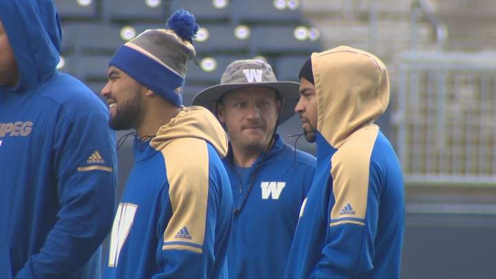 Winnipeg Blue Bombers receiver Nic Demski and running back Andrew Harris watch practice at Investors Group Field.