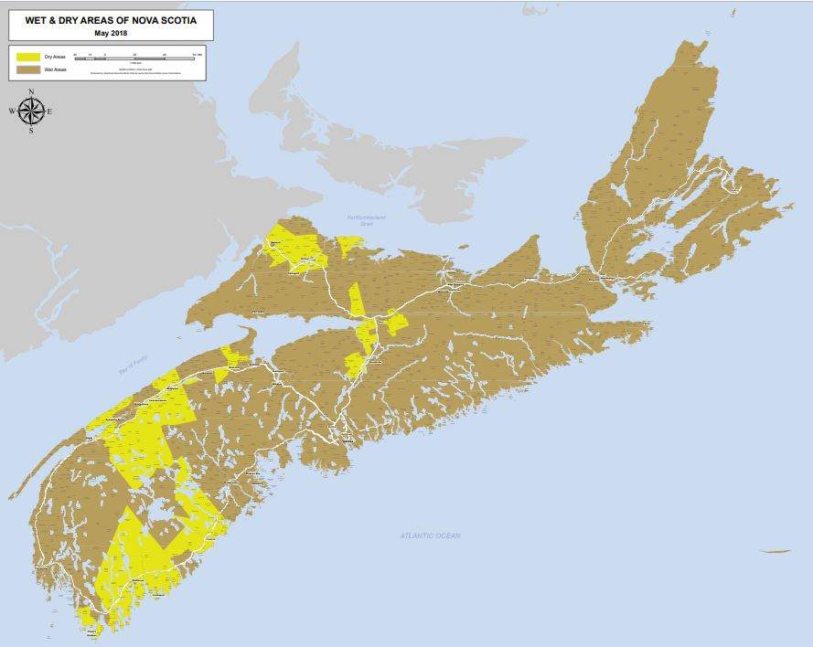 The “dry” areas of the province are shaded in bright yellow in this map that was featured in the Elections Nova Scotia 2017-2018 annual report.
