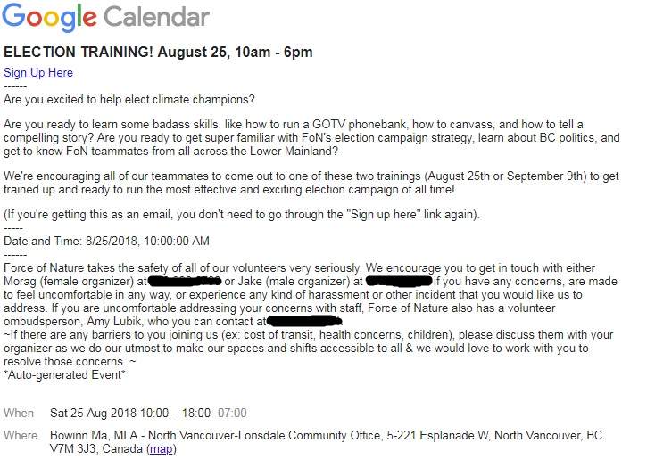 A Google invite obtained by Global News advertises a gathering at MLA Bowinn Ma's office. 
